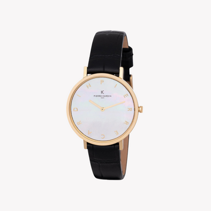Pierre Cardin Women's Gold Metal Watch, Black Leather | Cbv.1129