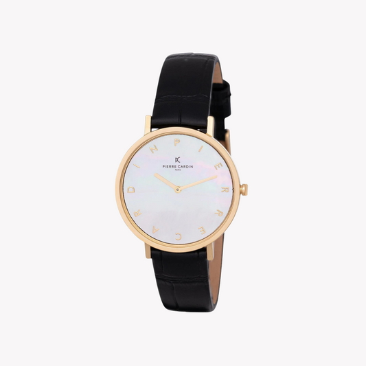 Pierre Cardin Women's Gold Metal Watch, Black Leather | Cbv.1129