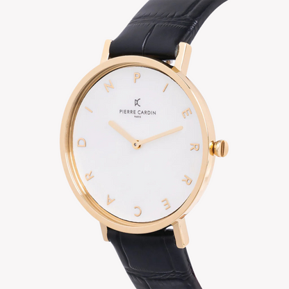 Pierre Cardin Women's Gold Metal Watch, Black Leather | Cbv.1129