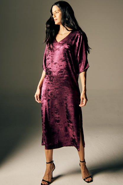 Shadow Of Sequin Shimmer Long Kaftan Dress With Side Slit - Magenta Purple Party Dress