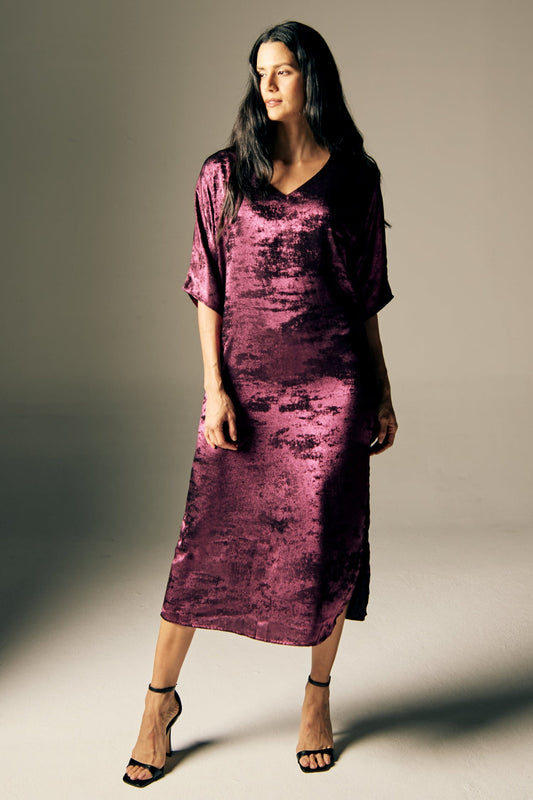 Shadow Of Sequin Shimmer Long Kaftan Dress With Side Slit - Magenta Purple Party Dress