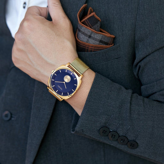 Trnda Men's Gold Stainless Steel Watch, Blue Dial | Trn-45mm-Gd
