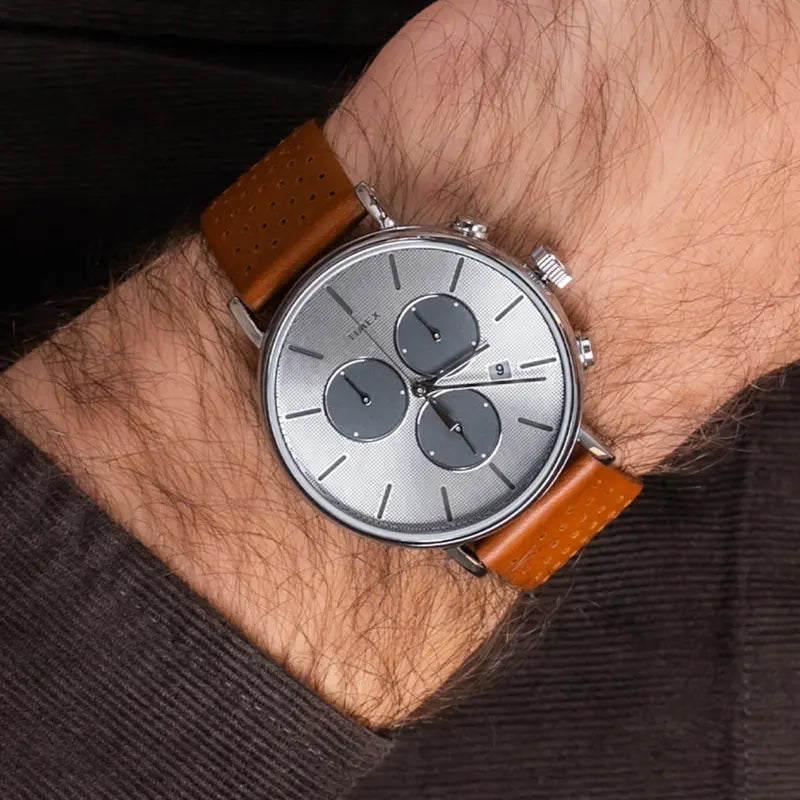 Timex Men's Brass Watch, Silver Dial & Tan Leather Band | Tw2r79900